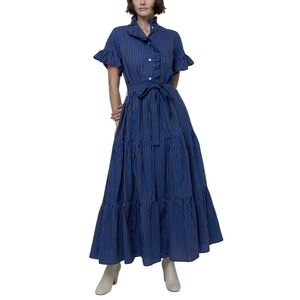 Mille Resort Victoria Dress in Cobalt Stripe Ruffle Tiered Maxi Dress XS Cotton